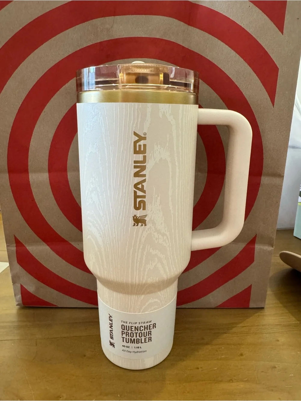 Stanley Quencher ProTour Flip Straw 40oz Cream Woodgrain Gold Tumbler